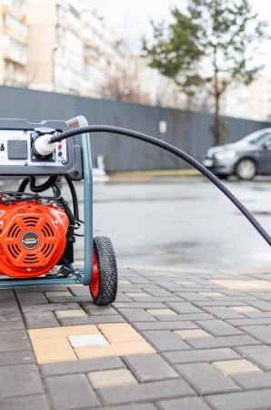 Power supply generator placed on street sidewalk. outdoor diesel power generator in Ukraine.